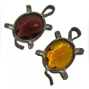 Vintage turtle figurine stained glass  suncatcher faceted art amber purple  70s